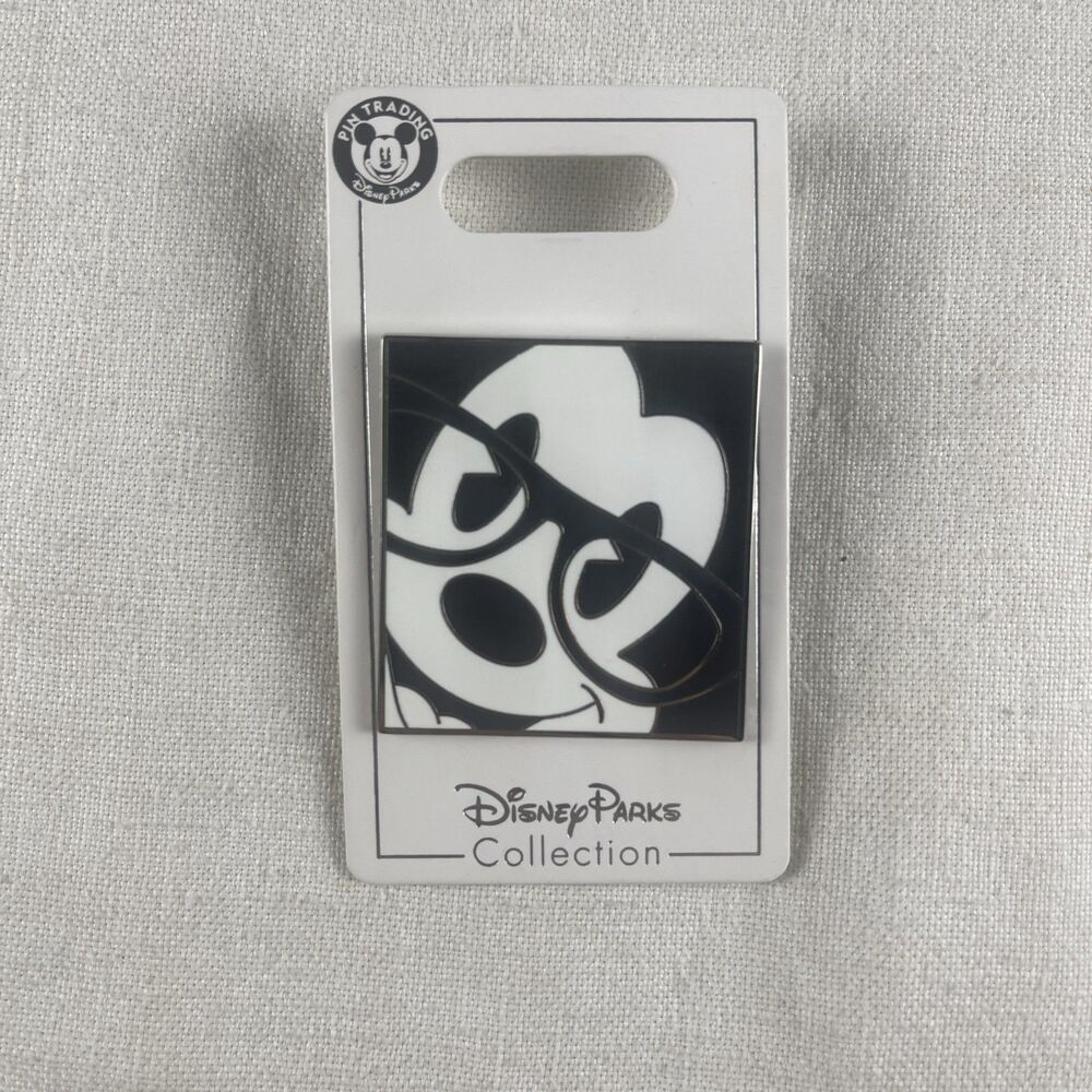 Disney Pin Mickey Mouse Hipster Wearing Nerd Glasses Face Square B&W 2014